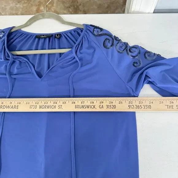 Susan Graver Artisan Liquid Knit Beaded Top Sz L Periwinkle Blue Relaxed Boho - Picture 11 of 13
